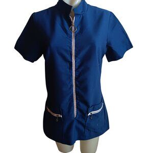 Women's Medium Vintage Mod Stewardess Ring Zip-Up Top Pocket Zippers 70's Tunic